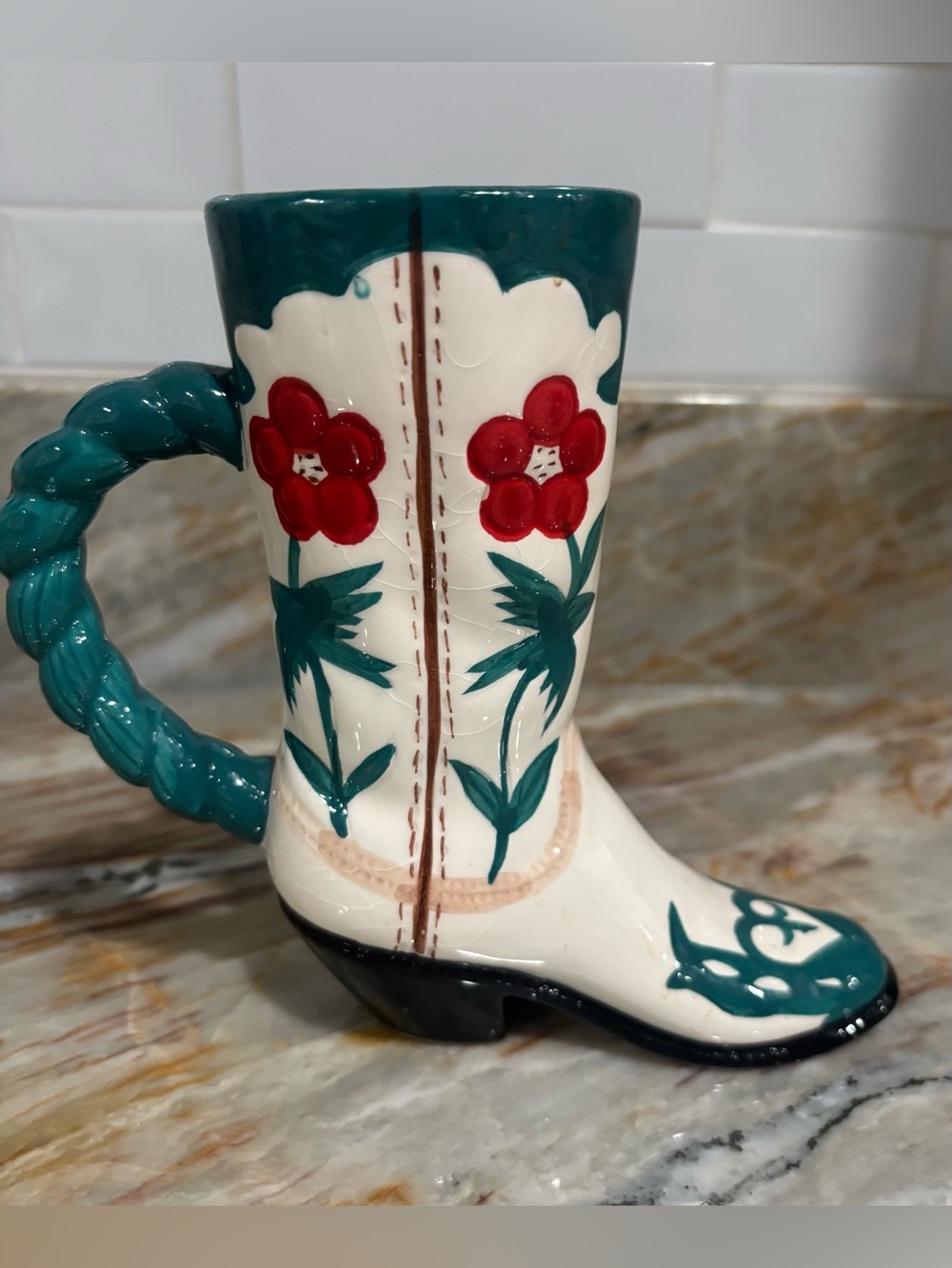 Teal and Red Ceramic Cowboy Boot Vase- Home Accents